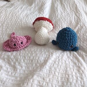 Crochet  Plush Small Pet Toy Set - Stingray, Mushroom And Whale